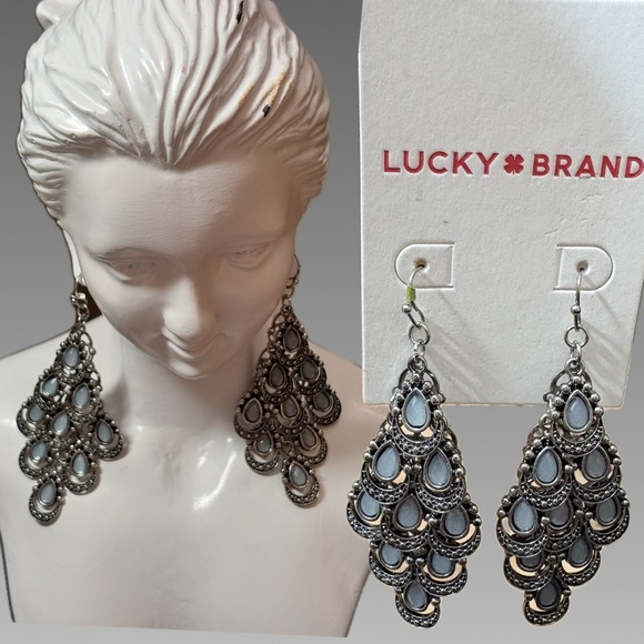 Lucky Brand Jewelry - Lucky Brand Silver Tone Blue Teardrop Chandelier Dangle Earrings Boho Statement